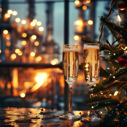 create greetings card with champagne glasses and Christmas tree, Chemical Plant on the background ,without bokeh effect--ar 3:2 --style raw --stylize 50 --v 6.0