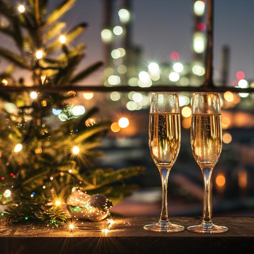 create greetings card with champagne glasses and Christmas tree, Chemical Plant on the background ,without bokeh effect--ar 3:2 --style raw --stylize 50 --v 6.0