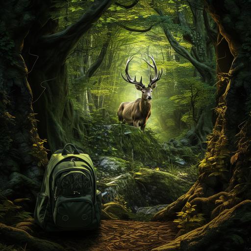 sfondo foresta verde, zoom su zaino da trekking, master dadi d&D, cervo