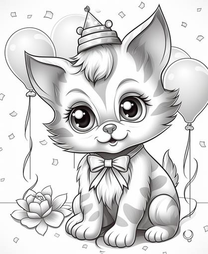 cloring page for kids, a baby cat at a birthday party, carton style, thick line, low detail, no shading --ar 9:11