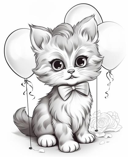 cloring page for kids, a baby cat at a birthday party, carton style, thick line, low detail, no shading --ar 9:11