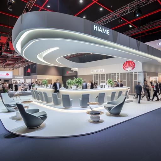 Huawei modern booth size 10*25m High technology, grey chairs, around glass meeting room, LED light, HDF floor, reception Counter with pretty women, Huawei acrylic lighted logo, Big around LED screen, catering, mens with suit, the main color for the booth white and grey, soft around sitting, lounge, LCD screns arond the booth.