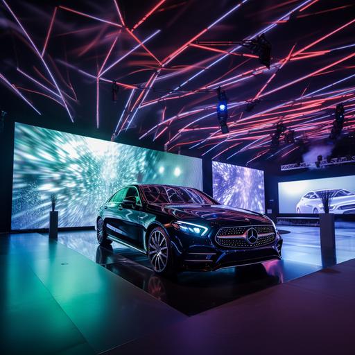 mercedes car mega event, LED screens, black cars and silver, green walls, decorative LED Wall screens, high quality, realistic render, mens with suit, womens with dress, creative big LED screen,Photorealistic, sky with aroura, focus on the brand mercedes