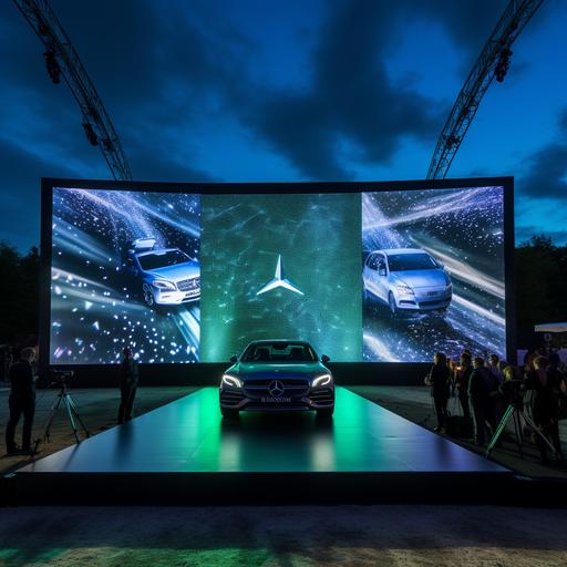 mercedes car mega event, LED screens, black cars and silver, green walls, decorative LED Wall screens, high quality, realistic render, mens with suit, womens with dress, creative big LED screen,Photorealistic, sky with aroura, focus on the brand mercedes