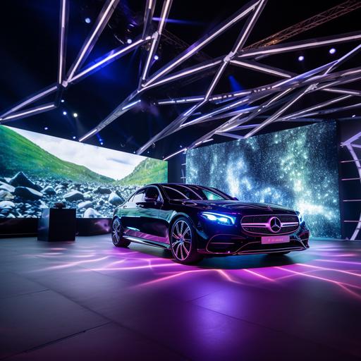 mercedes car mega event, LED screens, black cars and silver, green walls, decorative LED Wall screens, high quality, realistic render, mens with suit, womens with dress, creative big LED screen,Photorealistic, sky with aroura, focus on the brand mercedes