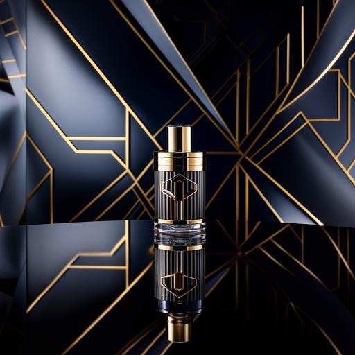 /cylindrical glass perfume bottle in grand building with simple geometric art deco black, gold and navy wallpaper