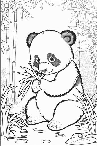 2d outline simple vector monochrome coloring page, for children depicting adorable A cute panda bear eating bamboo in a bamboo jungle, on white background cartoon style, thick lines, little detail, no shading --ar 2:3 --v 4 --s 750