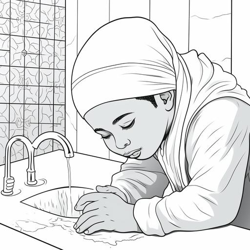 coloring book for kids, muslim boy with his head down washing face in the sink in the bathroom, cartoon style, thick lines, not too much detail, no shade--ar 9:11