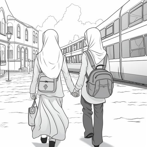 coloring page for children, Indian Muslim girls with hijabs holding hands waiting for a school bus outside of house with backpacks on, cartoon style, black and white, thick lines, no shading, not too much detail