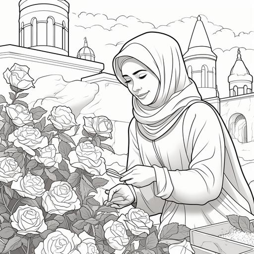 coloring page for children, a rose garden with a muslim woman plucking a rose, cartoon style, thick lines, black and white, no shading, not too much detail