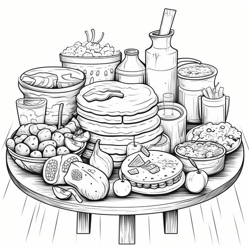 coloring page for children, a table filled with soul food, cartoon style, thick lines, black and white, no shading, not too much detail