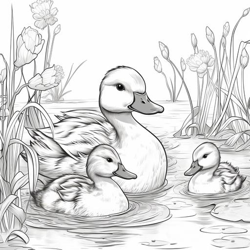 coloring page for children, mother duck in a pond with baby ducklings, cartoon style, thick lines, black and white, no shading, not too much detail
