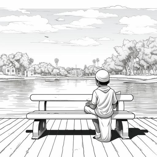 coloring page for children, muslim african boy reading a book on a bench overseeing a lake, cartoon style, black and white, thick lines, no shading, not too much detail