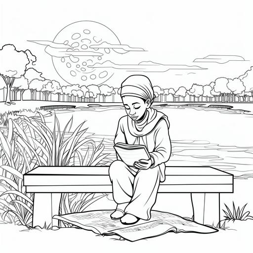 coloring page for children, muslim african boy reading a book on a bench overseeing a lake, cartoon style, black and white, thick lines, no shading, not too much detail