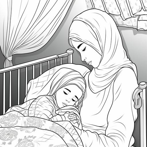 coloring page for children, muslim girl looking at her baby sister sleeping in her crib, cartoon style, thick lines, black and white, no shading, not too much detail