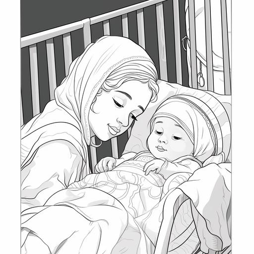 coloring page for children, muslim girl looking at her baby sister sleeping in her crib, cartoon style, thick lines, black and white, no shading, not too much detail