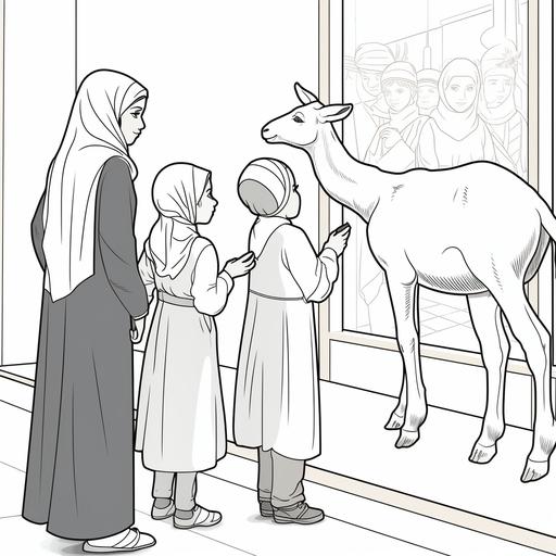 coloring page for children, muslim girls at a museum looking at a goat, cartoon style, thick lines, black and white, no shading, not too much detail