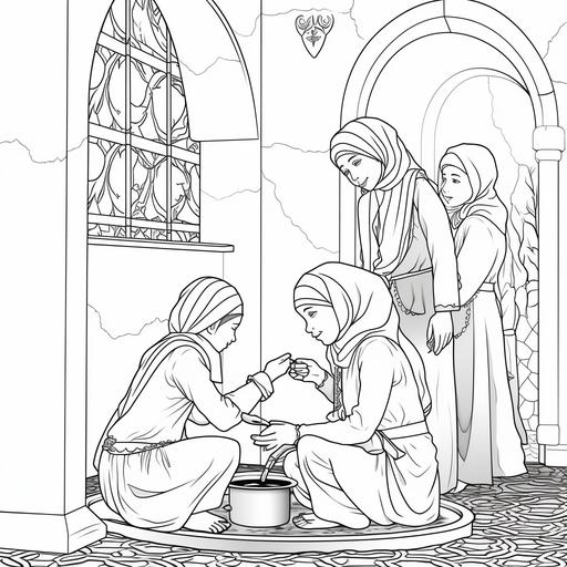 coloring page for children, muslim girls performing wudu in a bathroom, cartoon style, thick lines, black and white, no shading, not too much detail