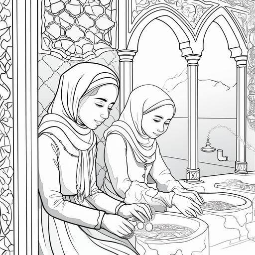 coloring page for children, muslim girls performing wudu in a bathroom, cartoon style, thick lines, black and white, no shading, not too much detail