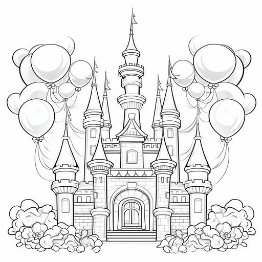 coloring page for children, princess castle with balloons around it, cartoon style, thick lines, black and white, no shading, not too much detail