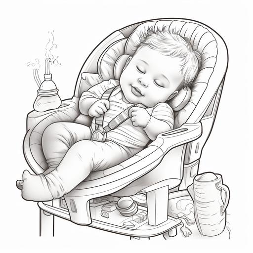 coloring page for children, sleeping baby in her high chair, cartoon style, thick lines, black and white, no shading, not too much detail
