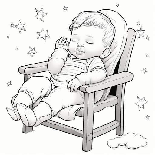 coloring page for children, sleeping baby in her high chair, cartoon style, thick lines, black and white, no shading, not too much detail