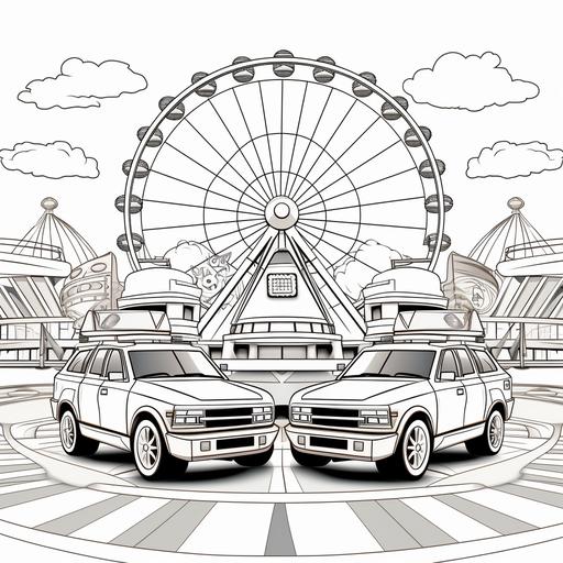 coloring page for kids, 3 police cars in a huge parking lot with a ferris wheel in the background surrounded by a fence, cartoon style, thick lines, ar 9:11
