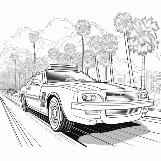coloring page for kids, police car on a highway with palm trees, cartoon style, thick lines, ar 9:11
