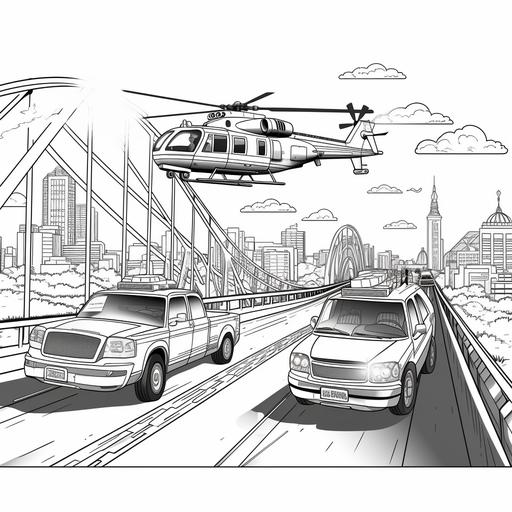 coloring page for kids, police cars on a bridge with helicopters above during a sunset, cartoon style, thick lines, low detail, ar--9:11