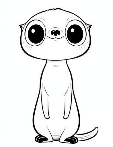 cute meerkat, coloring book, coloring page, line art, black and white, | aesthetic: super kawaii, bold black outlines, illustrations, all lines are crisp and thick and bold, very simple to color | in the style of : Sanrio, Gudetama and Lotte, white background --niji 5 --s 50 --ar 17:22