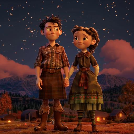 Show a Pixar-style scene concluding the tale, highlighting the highlands beneath a starry sky with a sense of enchantment. Jamie, a boy with bright blue eyes in a tartan shirt, brown trousers, and sturdy boots, and Elsie, a girl with sparkling green eyes in a soft green dress with floral embroidery and a woven belt, are seen against a backdrop of the village and the beautiful highland landscape. Granny, with warm brown eyes and traditional Highland attire (a long, woolen skirt and a cozy shawl in muted shades), stands proudly with a knowing smile. Villagers and the spectral friends show signs of unity and warmth. The mood is enchanting and eternal. Each character must be displayed.