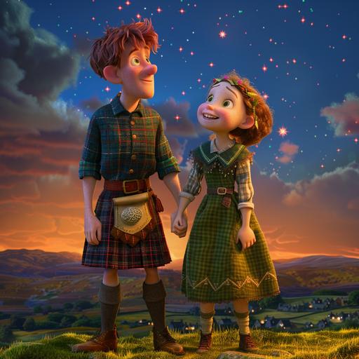 Show a Pixar-style scene concluding the tale, highlighting the highlands beneath a starry sky with a sense of enchantment. Jamie, a boy with bright blue eyes in a tartan shirt, brown trousers, and sturdy boots, and Elsie, a girl with sparkling green eyes in a soft green dress with floral embroidery and a woven belt, are seen against a backdrop of the village and the beautiful highland landscape. Granny, with warm brown eyes and traditional Highland attire (a long, woolen skirt and a cozy shawl in muted shades), stands proudly with a knowing smile. Villagers and the spectral friends show signs of unity and warmth. The mood is enchanting and eternal. Each character must be displayed.