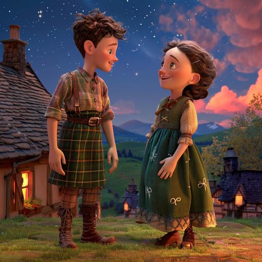 Show a Pixar-style scene concluding the tale, highlighting the highlands beneath a starry sky with a sense of enchantment. Jamie, a boy with bright blue eyes in a tartan shirt, brown trousers, and sturdy boots, and Elsie, a girl with sparkling green eyes in a soft green dress with floral embroidery and a woven belt, are seen against a backdrop of the village and the beautiful highland landscape. Granny, with warm brown eyes and traditional Highland attire (a long, woolen skirt and a cozy shawl in muted shades), stands proudly with a knowing smile. Villagers and the spectral friends show signs of unity and warmth. The mood is enchanting and eternal. Each character must be displayed.