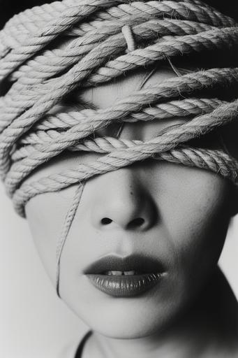 A woman with rope wrapped around her head. Asian,beautiful woman,Japanese woman,Chinese girl,The rope is pulling very tightly against the woman's skin, distorting her face. Surrealistic film Photography. Film by Alejandro Jodorowsky --style raw --v 6.0 --ar 2:3