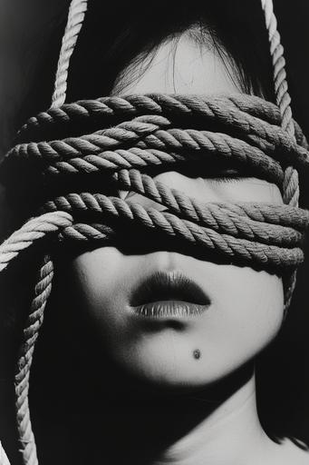 A woman with rope wrapped around her head. Chinese girl,The rope is pulling very tightly against the woman's skin, distorting her face. Surrealistic film Photography. Film by Alejandro Jodorowsky --style raw --v 6.0 --ar 2:3