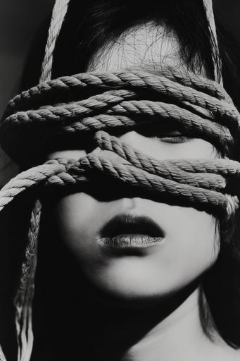 A woman with rope wrapped around her head. Chinese girl,The rope is pulling very tightly against the woman's skin, distorting her face. Surrealistic film Photography. Film by Alejandro Jodorowsky --style raw --v 6.0 --ar 2:3