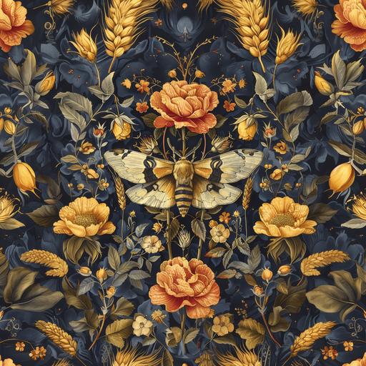 7x Death's-head Hawk-moths, wheatsheafs, william morris wallpaper style, dead roses, dead autumn leaves, navy color background, golden color floral edge detailed line drawing, digital fabric print on cotton, repeated pattern --s 750 --v 6.0