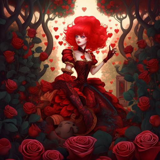 :8 The Queen of Hearts character playing Kriket bushes of red roses everywhere surreal scene from Alice in Wonderland with the :8head Huge neat red hair, richly embroidered dress, with an evil smile, mesmerizing eyes, inquiring look, style Rorianai and Ayami Kojima, digital art, niji 5 :8 The Queen of Hearts character playing Kriket bushes of red roses everywhere surreal scene from Alice in Wonderland with the :8head Huge neat red hair, richly embroidered dress, with an evil smile, mesmerizing eyes, inquiring look, style Rorianai and Ayami Kojima, digital art, niji 5 --v 5