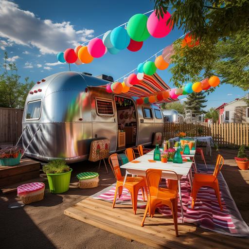 an airstream as a snow cone stand colorful paper lanterns decorating the awning with a small area in front enclosed by a picket fence with bright green astroturf and four picnic tables with umbrellas