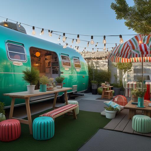 an airstream as a snow cone stand colorful paper lanterns decorating the awning with a small area in front enclosed by a picket fence with bright green astroturf and four picnic tables with umbrellas