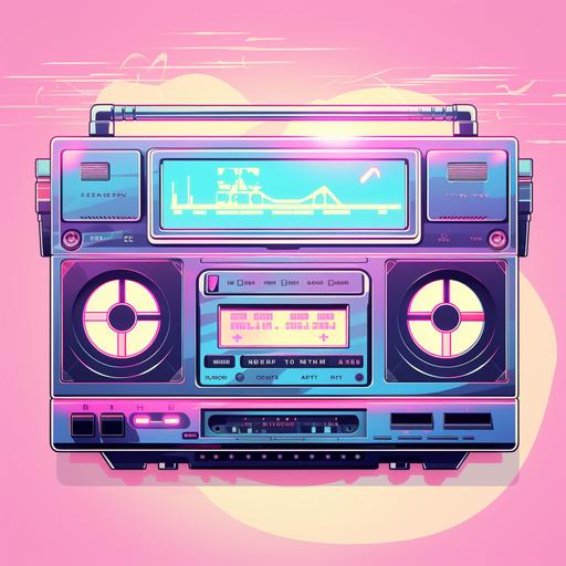 8-bit Lo-fi style vintage cassette player, kawaii illustration, vaporwave, sparklecore, vibrant holographic gradient, iridescent highlights, flat vector, ✨💠,