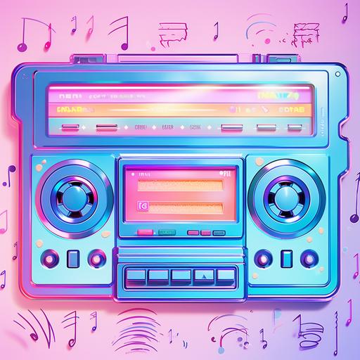 8-bit Lo-fi style vintage cassette player, kawaii illustration, vaporwave, sparklecore, vibrant holographic gradient, iridescent highlights, flat vector, ✨💠,