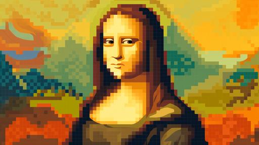 8-bit digital Mona Lisa, pixelated form, classic frame, chiptune ambiance --ar 16:9