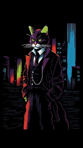 8-bit graphic fine pixel art: amstrad cpc, famicom and mastersystem and PC - Engine, 8 - bit colors, Abstract portrait of a smirking tuxedo smuggler cat in a dark alley, skinny, lean, meager --ar 9:16 --stylize 350 --weird 5 --chaos 1 --v 5.1