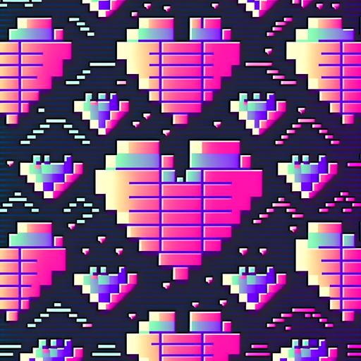 8 bit heart repeating pattern, texture done in japanese style and walrus style in neon light