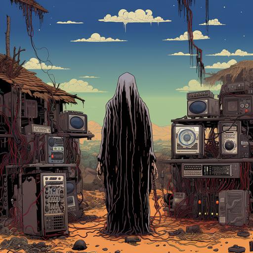 8-bit of a mysterious cloaked alien with electronics, antenna, wires, diodes roaming through a primitive 2000 BC village full of fearful savages