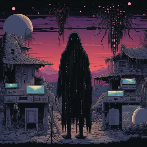 8-bit of a mysterious cloaked alien with electronics, antenna, wires, diodes roaming through a primitive 2000 BC village full of fearful savages