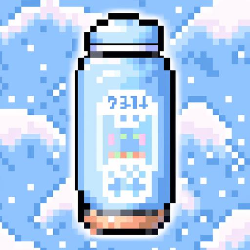 8-bit pixel art of a cute water bottle, kawaii stickers illustration inspired, retrowave inspired, --niji 5 --no animals