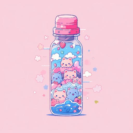 8-bit pixel art of a cute water bottle, kawaii stickers illustration inspired, retrowave inspired, --niji 5 --s 250