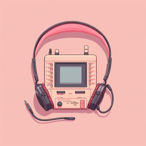 8-bit pixel art of a walkman cassette player and headphones, 90s aesthetic, pink and blush, retrowave, 2d, flat